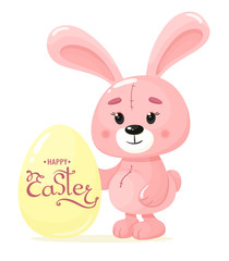Happy easter. Cute pink bunny with an egg and handwritten text. Vector illustration in cartoon style. White background.