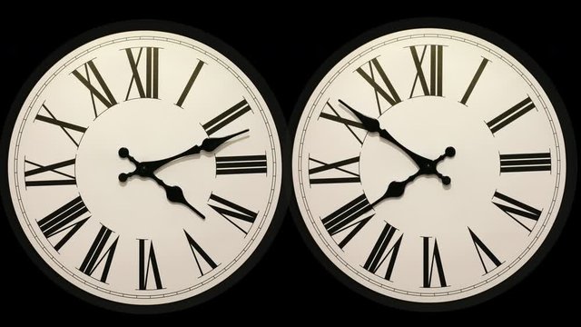 Two identical timelapse clock faces one going forward and the other backwards at the same speed through 12 hours. Two identical clocks but going in opposite directions.