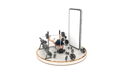 Smartphone white screen with objects in front of, A man exercising, Fitness equipment made of steel And exercise equipment placed on the floor, Isolated on white background, 3D rendering.