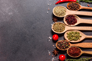A set of spices and herbs. Indian cuisine. Pepper, salt, paprika, basil and other on a dark background