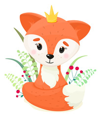 Cute cartoon fox with a crown and vegetation on a white background. Vector illustration in cartoon style.