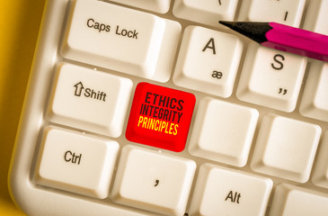 Text sign showing Ethics Integrity Principles. Business photo text quality of being honest and...