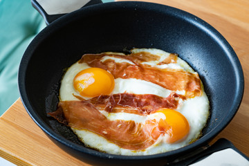 Fried Eggs with Prosciutto in Pan for Breakfast. Ready to Eat.