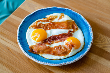Fried Eggs with Prosciutto in Breakfast Plate.