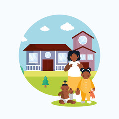 Girls baby and kids in front of the house vector design