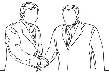 One line drawing of two businessmen in suitcase shaking hand and agree to deal a project. Single line drawing of business concept. Vector illustration graphic 