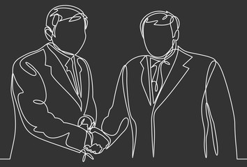 One line drawing of two businessmen in suitcase shaking hand and agree to deal a project. Single line drawing of business concept. Vector illustration graphic 