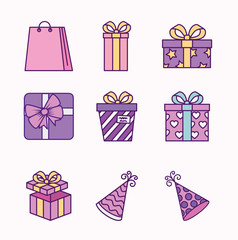 Icon set design, Happy birthday card celebration decoration surprise party anniversay and invitation theme Vector illustration