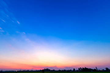 blue bright dramatic sunset sky in countryside or beach colorful cloudscape texture air background.