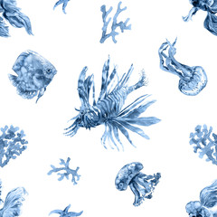 Navy Blue Coral Watercolor Seamless Pattern. Ocean, Sea Underwater inhabitans, Fish, Jellyfish, Hippocampus, Actinium Set. Trendy Summer Tropical Textile print © Alecs