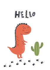 Baby print with Dino. Cute card, poster, template, greeting card, dinosaur. Scandinavian style. Vector illustrations