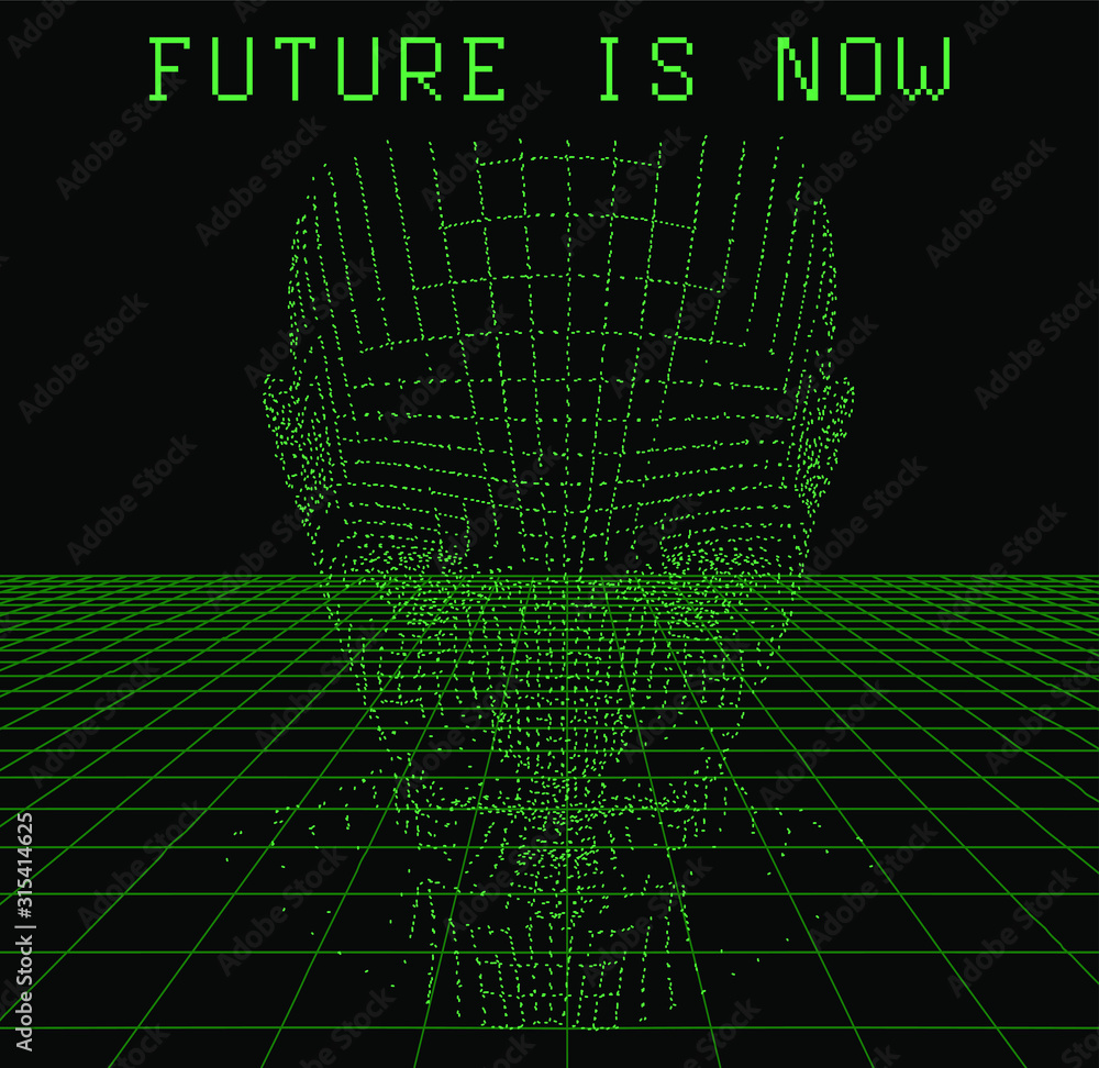 Poster 3D model of human head made of particles and dots. Cyberpunk retrofuturistic style illustration for Artificial Intelligence and Virtual Reality subject.