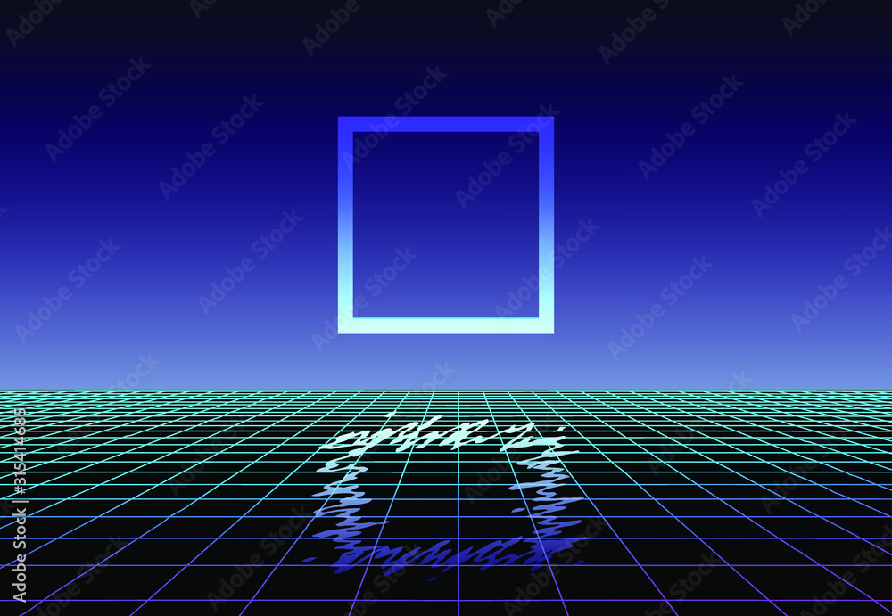 Poster Fantasy virtual reality retrofuturistic landscape like in arcade video game with neon 3d laser grid. Synthwave/ vaporwave/ retrowave style illustration, aesthetics of 80s-90s.