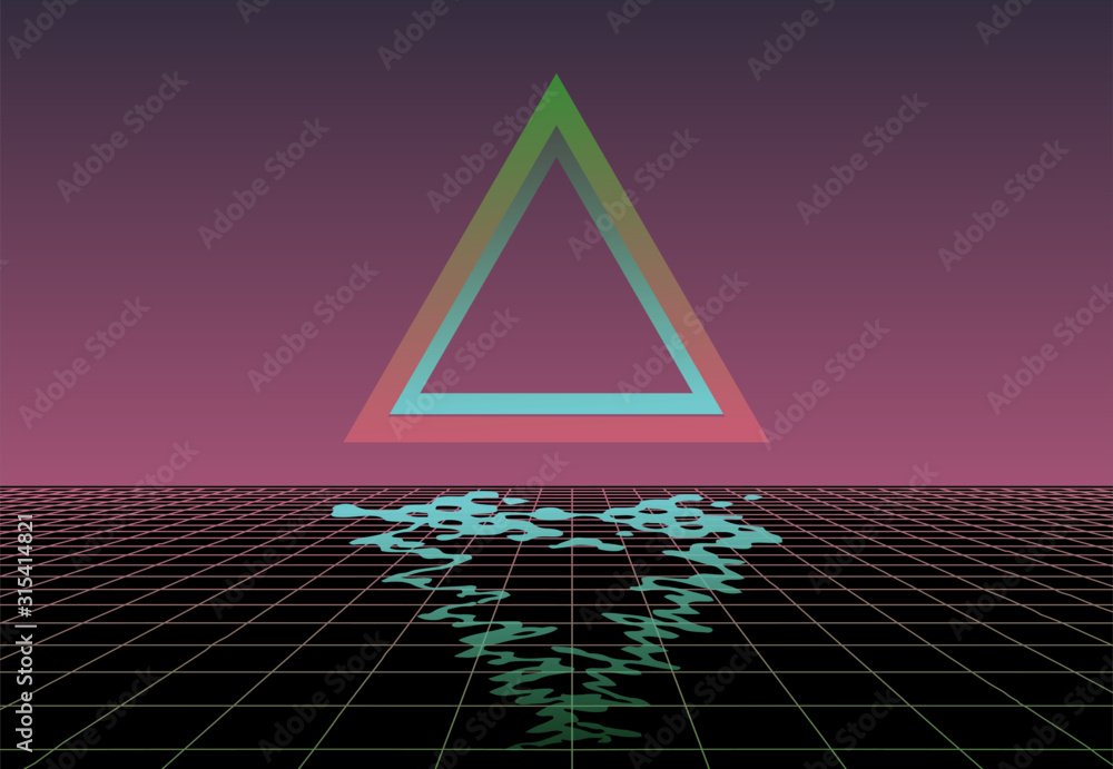 Poster fantasy sci-fi virtual reality retrofuturistic cyber landscape of arcade video game with neon 3d las