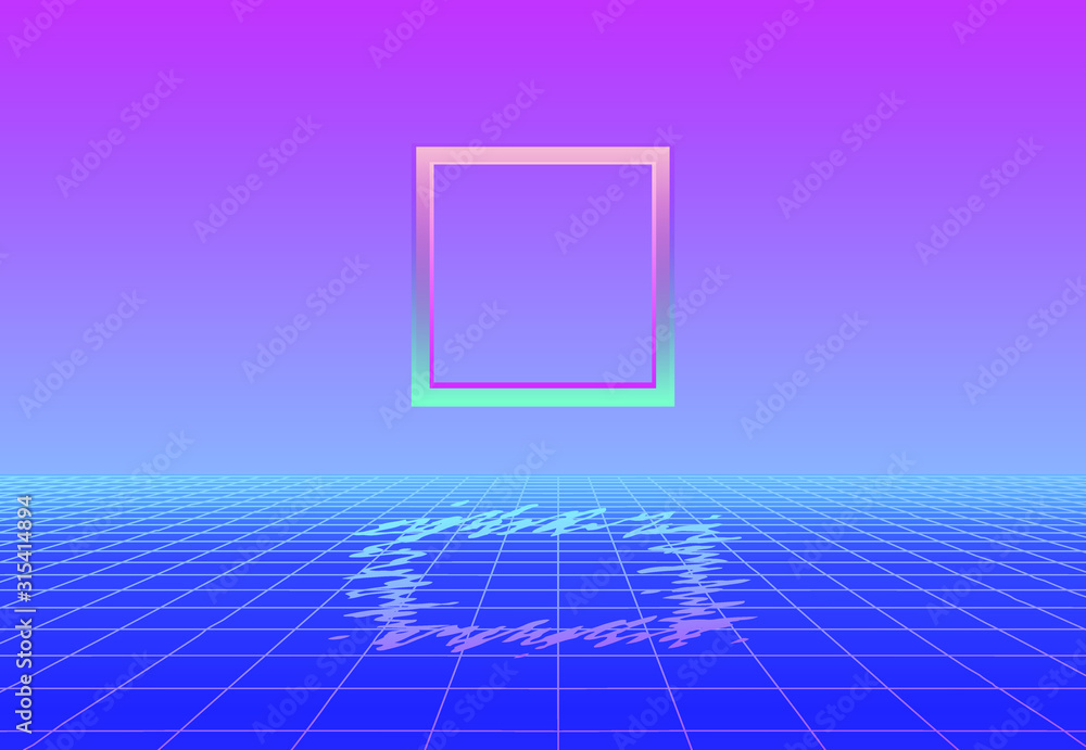Poster fantasy virtual reality retrofuturistic landscape like in arcade video game with neon 3d laser grid.