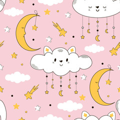 stock vector seamless pattern with cute clouds moon and stars for gift wrap textile or book covers wallpapers