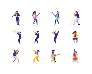 Isolated musicians with music instruments icon set vector design - obrazy, fototapety, plakaty