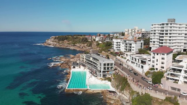 BONDI BEACH, AUSTRALIA - AUGUST 18, 2018: Aerial view of Iceberg Pools on a beautiful day