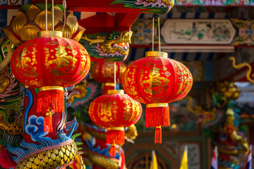 red lantern decoration for Chinese New Year Festival at Chinese shrine Ancient chinese art with the Chinese alphabet Blessings written on it Is a Fortune blessing compliment,Is a public place Thailand