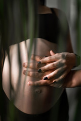 Romantic couple expecting baby, holding hands and touching foreheads while standing together on belly against window at home. Pregnancy, maternity, preparation and expectation concept. closeup