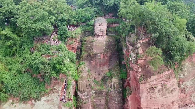Aerial veiw of Leshan giant buddha in Sichuan, China