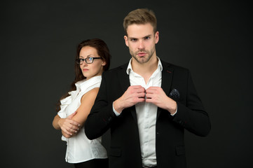 Business startup concept. Beautiful people. Formal style. Business couple. Business team. Partnership concept. Office fashion and corporate attire. Businessman ceo. Businesswoman and employee