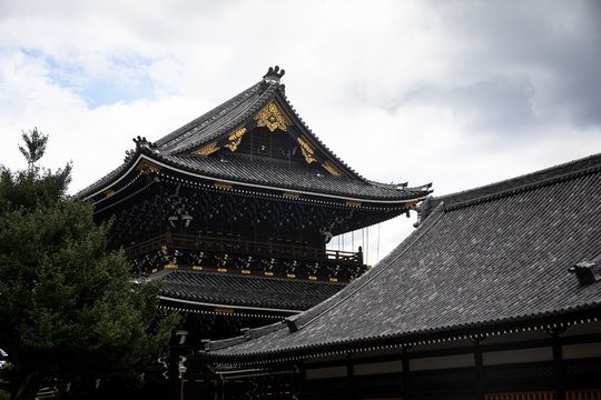 Japan, Kyoto Prefecture, Kyoto City, Black tiled roofs of Buddhist temple