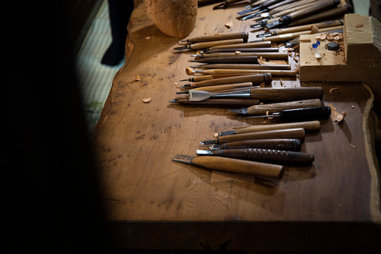 Japan, Takayama, Collection of various chisels lying on workbench