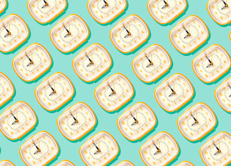 3D Illustration, row of yellow alarm clocks at nine o'clock pattern on turquoise background