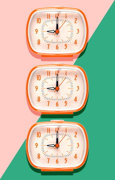 3D Illustration, row of orange alarm clocks at nine o'clock on pink and mint green background