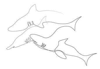 One continuous line drawing of three wild sharks in the sea. Simple line art drawing of wildlife in the ocean.