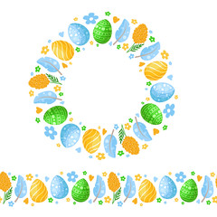 Easter Day - seamless border pattern with easter eggs, feather, flowers and wreath or round frame, ornamented endless bordure, stripe for textile, fabric, wrapping or scrapbooking paper - vector