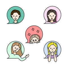 User avatar. Human face icon. Set of color icons in flat design style.  Simple set of user related vector line icons for web graphics. Five emotions: thoughtfulness, fear, greeting, neutral, surprise.