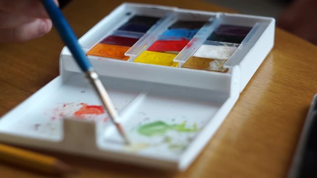 artist mixes watercolors, palette with watercolors, brushes, color mixing