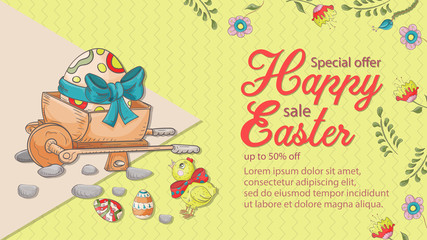 Easter banner discount special offer in the style of childrens Doodle illustration