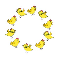 Round frame with easter chicks in cartoon style isolated on white background. Vector