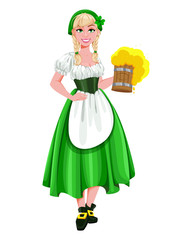 Happy St Patricks Day. Young girl serving beer