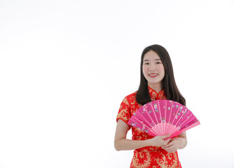 the asian young beautiful girl in chinese traditional dress wish luck in chinese new year festival