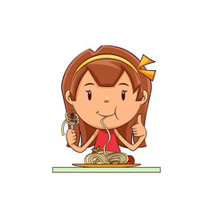 Girl eating pasta, vegetable spaghetti