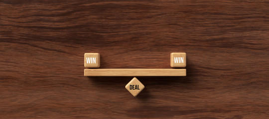 wooden blocks formed as a seesaw with the words WIN, WIN and DEAL on wooden background, symbolizing balance - 3D rendered illustration