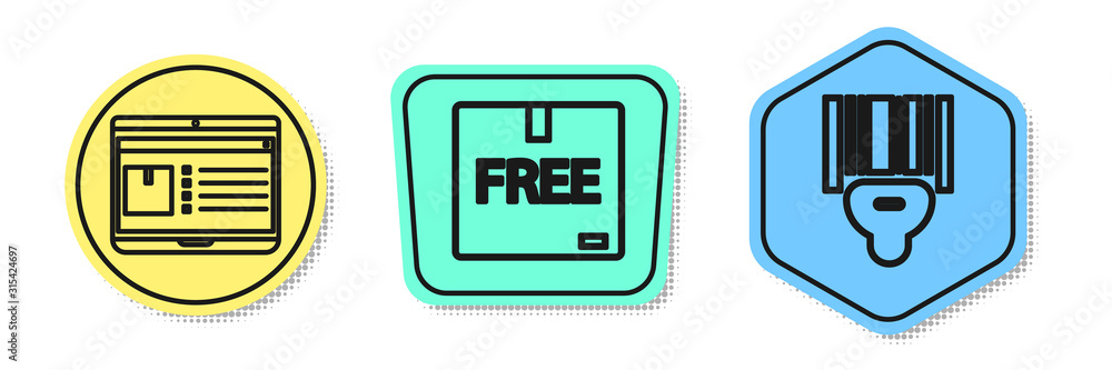 Poster set line laptop with app delivery tracking , cardboard box with free symbol and scanner scanning bar