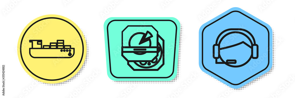 Poster Set line Cargo ship with boxes delivery service , Pizza in cardboard box and Support operator in touch. Colored shapes. Vector