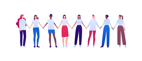 Women empowerment feminist concept. Vector flat person modern illustration. Group of various ethnic woman holding hands isolated on white background. Design element for diversity banner, card, poster.