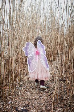 Back view of little girl in nature dressed up as a butterfly