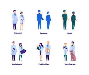 Doctor team concept. Vector flat medical person illustration set. Collection of isolated different medic specialisation people. Medicine profession. Design element for banner, poster, background.
