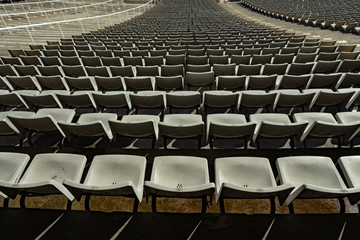 Fototapeta premium Textura con filas de asientos en estadio de futbol. Barcelona, España