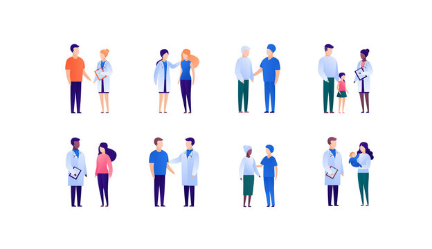 Doctor And Patient Support Concept. Vector Flat Medical Person Illustration Set. Collection Of Different Young, Adult And Senior People. Doctor Medicine Profession. Design Element For Banner, Poster.