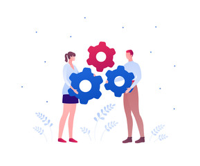 Business teamwork concept. Vector flat person illustration. Couple of male and female holding gearwheel success sign isolated on white. Design element for banner, background, infographic.