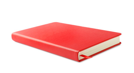 Stylish red hardcover notebook isolated on white. Office stationery