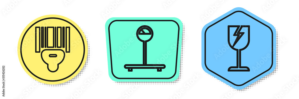 Poster set line scanner scanning bar code , scale and fragile broken glass symbol. colored shapes. vector